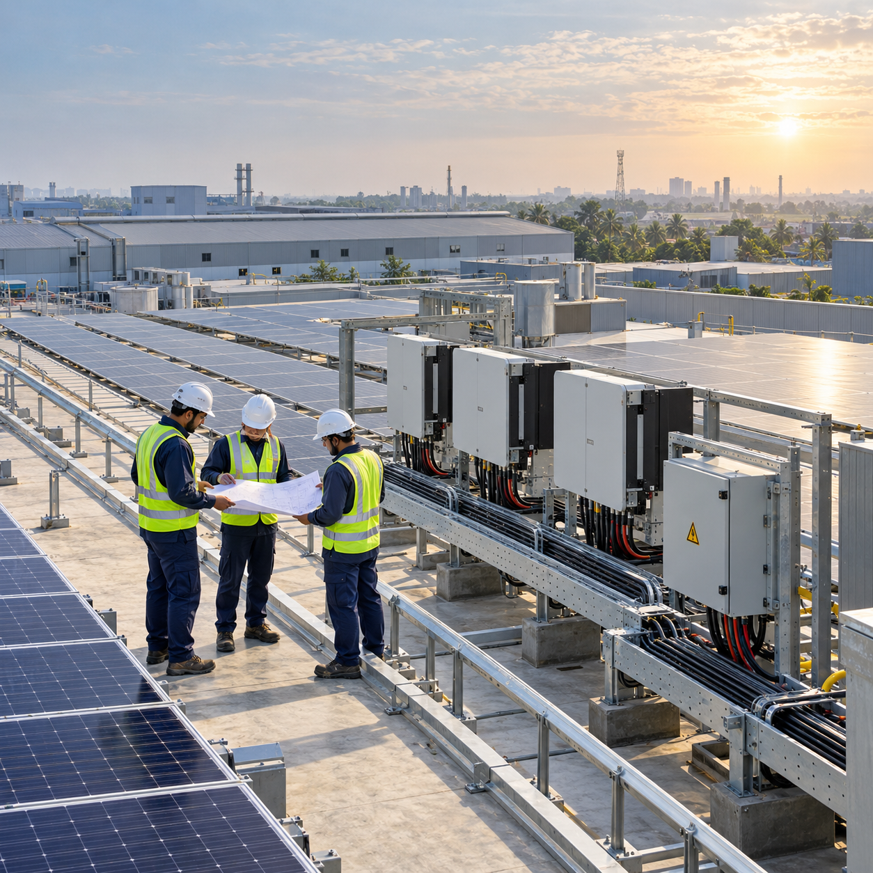 Renewable energy engineers reviewing an industrial rooftop solar and electrical integration project
